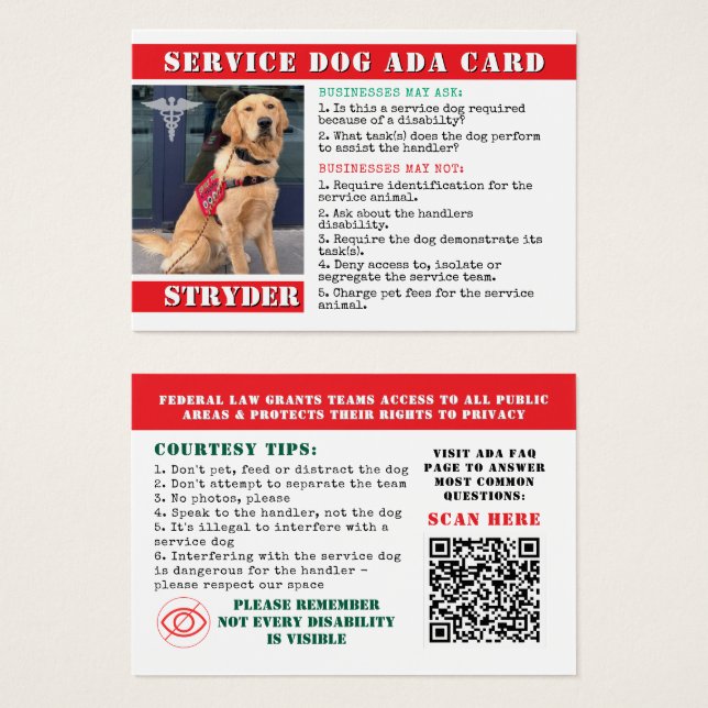 Tarjetas de ley de Service Dog ADA Tarjeta de iden (Anverso y reverso)