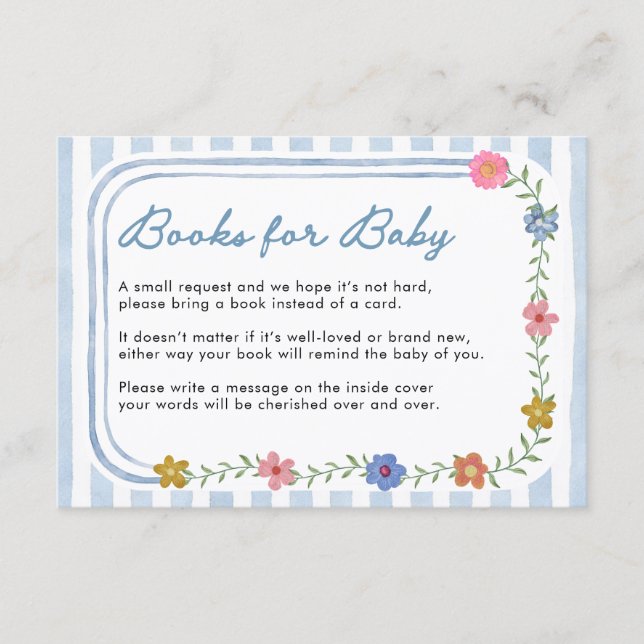 Tarjetas de Libros Florales Azules para Bebé (Anverso)