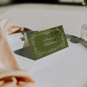 Tarjetas de lugar de boda antiguas en verde oliva