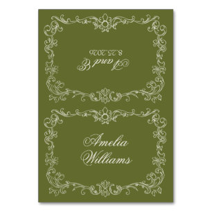 Tarjetas de lugar de boda antiguas en verde oliva