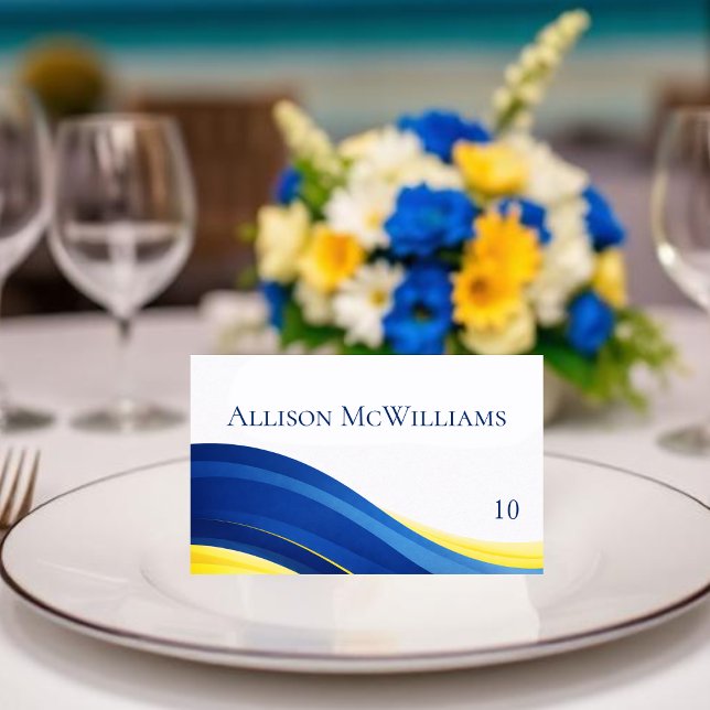 Tarjetas de lugar de boda azules cobalto y amarill (Cobalt Blue and Yellow Wedding Place Cards)