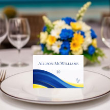 Tarjetas de lugar de boda azules y amarillas con i