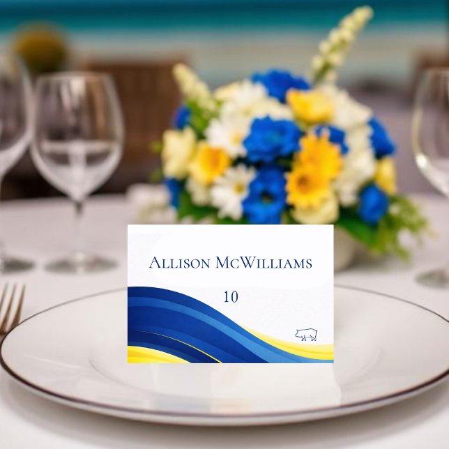 Tarjetas de lugar de boda azules y amarillas con i (Blue and Yellow Wedding Place Cards Pork Icon)