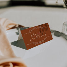 Tarjetas de lugar de boda boho de terracota quemad