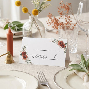 Tarjetas de lugar de boda boho floral terracota te