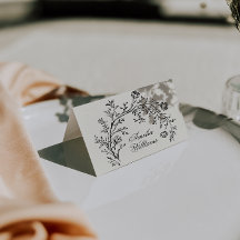 Tarjetas de lugar de boda boho florales crema negr