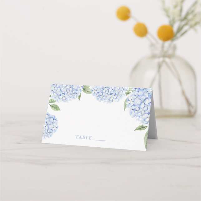 Tarjetas de lugar de boda, borde de hortensia azul (Anverso)