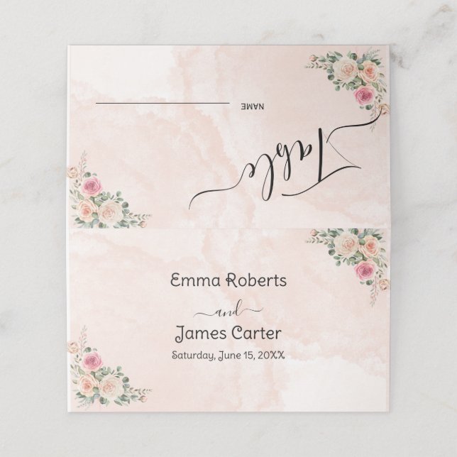 Tarjetas de lugar de boda clásicas con flores crem (Exterior desplegado)