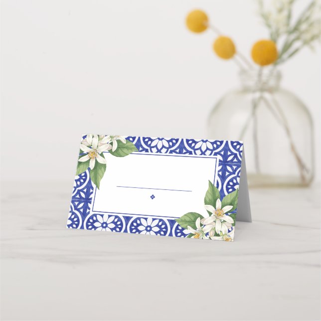 Tarjetas de lugar de boda con azulejos azules de v (Anverso)