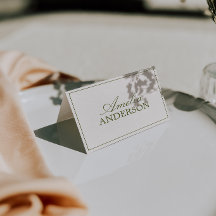 Tarjetas de lugar de boda con crema verde oliva Ol