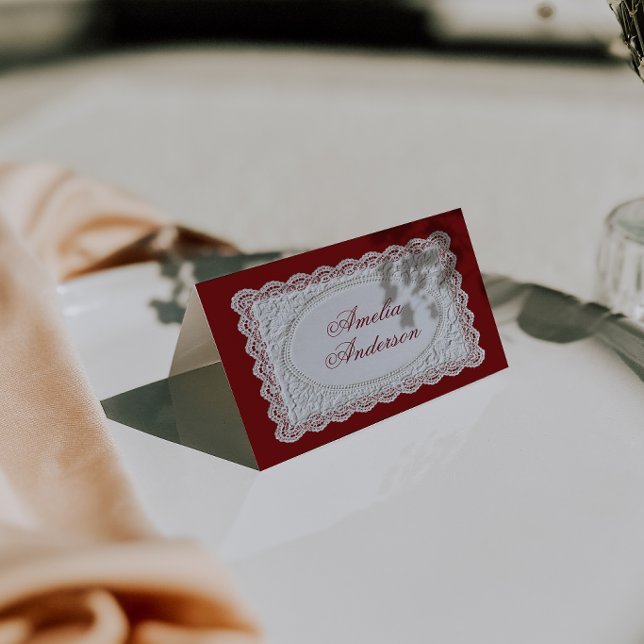 Tarjetas de lugar de boda con encaje borgoña vinta (Subido por el creador)