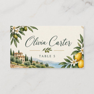 Tarjetas de lugar de boda con limón mediterráneo |