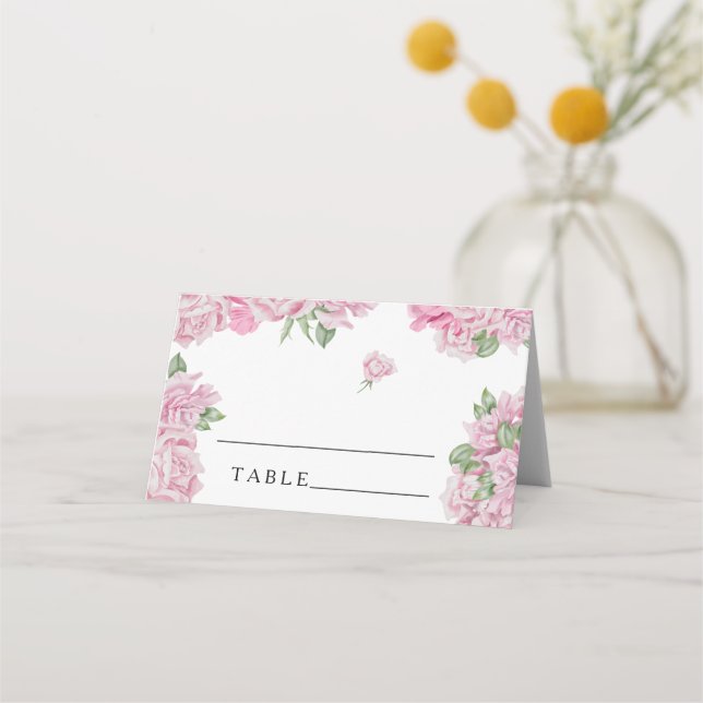 Tarjetas de lugar de boda con rosas rosadas (Anverso)