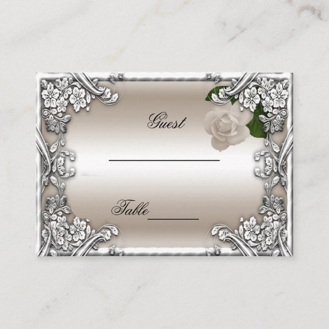 Tarjetas de lugar de boda crema rosa plata blanco (Anverso)