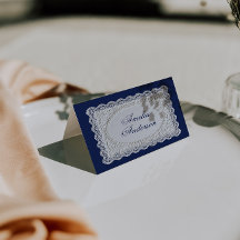 Tarjetas de lugar de boda de encaje azul marino vi