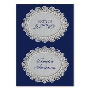 Tarjetas de lugar de boda de encaje azul real dine