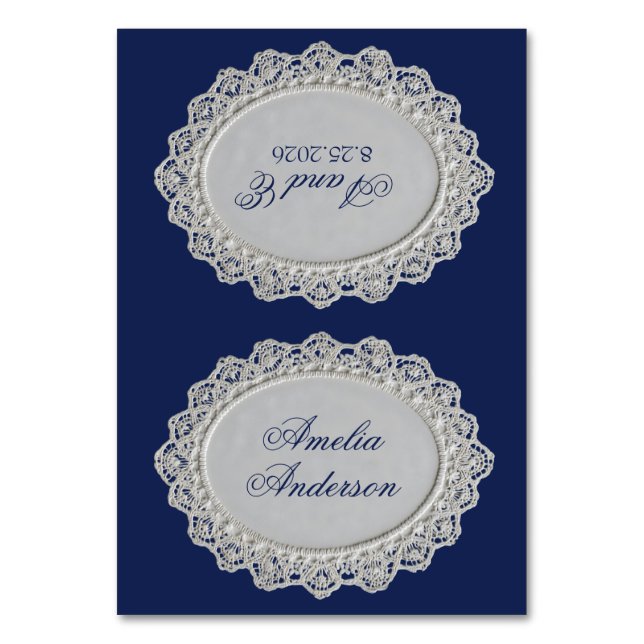 Tarjetas de lugar de boda de encaje azul real dine (Anverso)