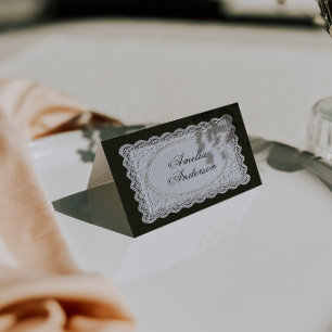 Tarjetas de lugar de boda de encaje blanco y negro