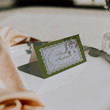 Tarjetas de lugar de boda de encaje verde oliva vi