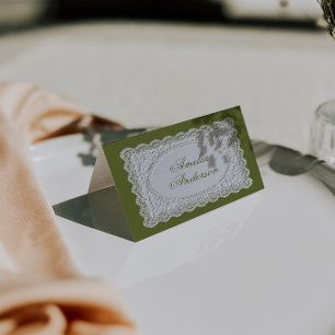 Tarjetas de lugar de boda de encaje verde oliva vi