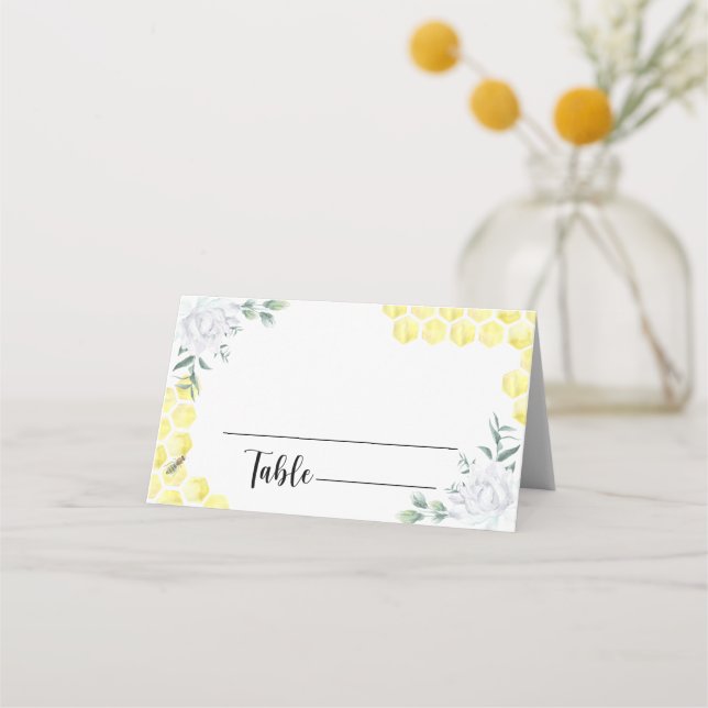 Tarjetas de lugar de boda floral de abeja de acuar (Anverso)