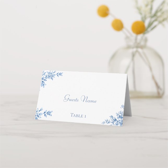 Tarjetas de lugar de boda florales azules y blanca (Anverso)