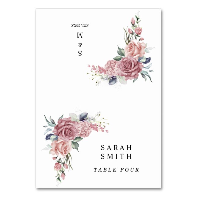 Tarjetas de lugar de boda florales rosa polvorient (Anverso)