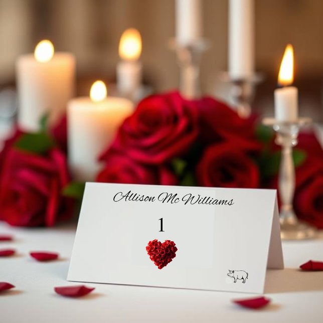 Tarjetas de lugar de boda Icono de cerdo-Rosas roj (Wedding Place Cards Pork Icon-Red Roses)