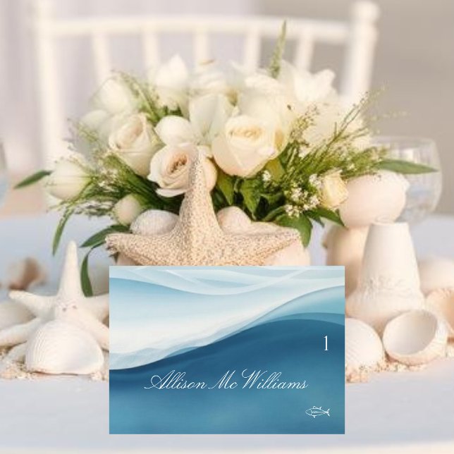Tarjetas de lugar de boda Icono de pez - Azul sere (Wedding Place Cards Fish Icon-Serene Blue )