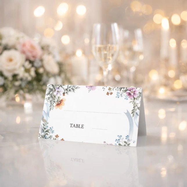 Tarjetas de lugar de cinta azul floral elegante (Subido por el creador)