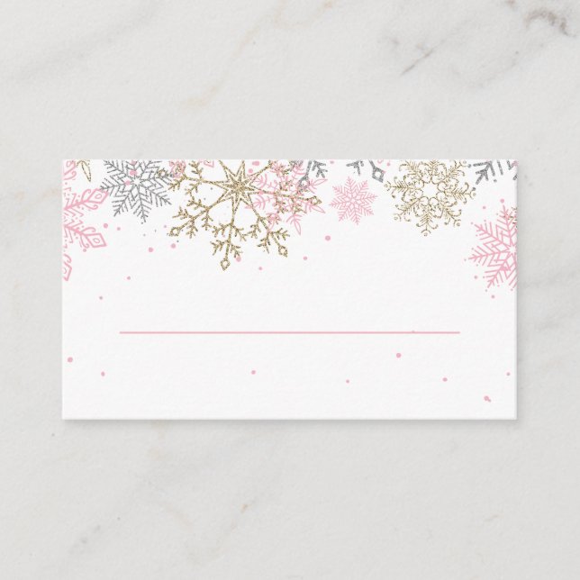 Tarjetas de lugar de copo de nieve con brillo rosa (Anverso)