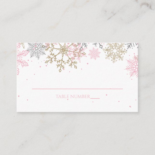 Tarjetas de lugar de copo de nieve con brillo rosa (Anverso)