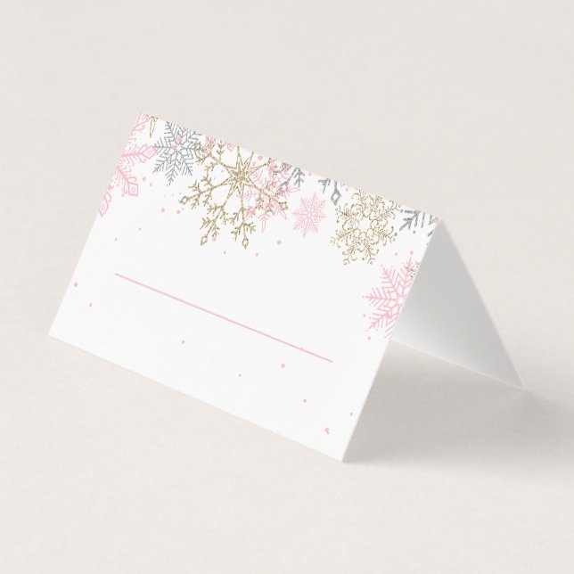 Tarjetas de lugar de copo de nieve con brillo rosa (Anverso)