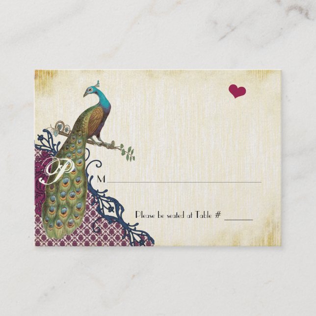 Tarjetas de lugar de damasco de pavo real navideño (Anverso)
