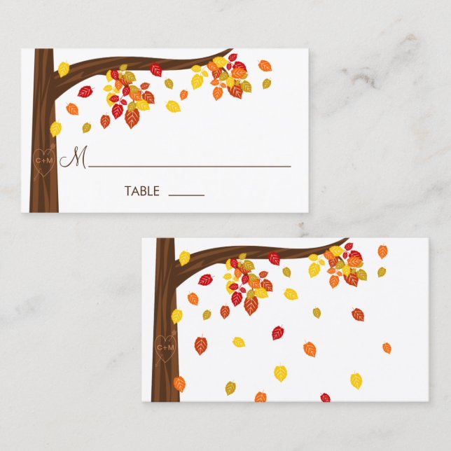 Tarjetas de lugar de hojas que caen en otoño (Anverso / Reverso)