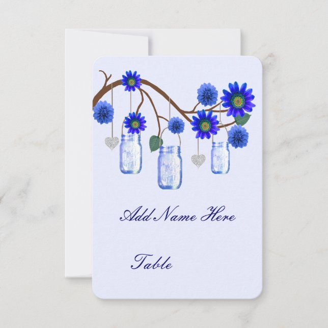 Tarjetas de lugar de mesa con flores azules en fra (Anverso)