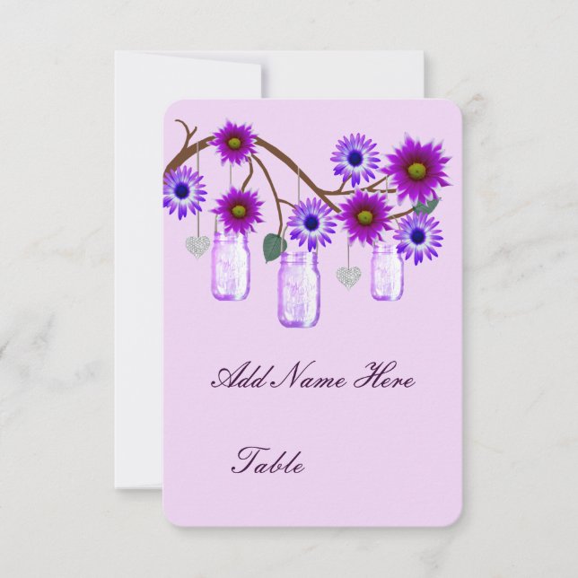 Tarjetas de lugar de mesa con frascos de flores pú (Anverso)