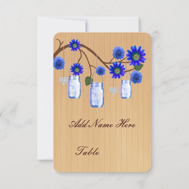 Tarjetas de lugar de mesa en frascos mason azul rú (Anverso)