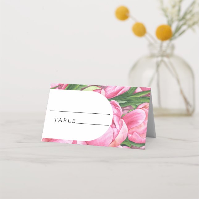 Tarjetas de lugar de peonías rosadas para boda (Anverso)