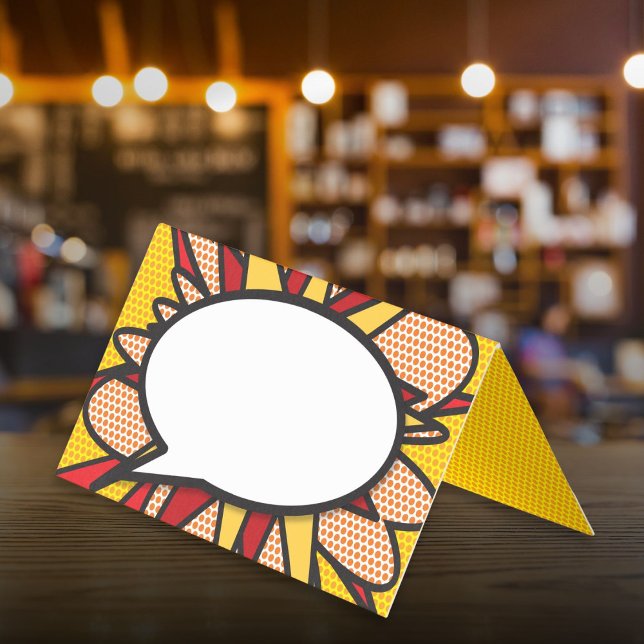 Tarjetas de lugar divertidas con burbujas de diálo (Fun Modern Speech Bubble Comic Book Place Cards)