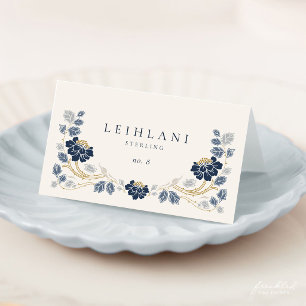 Tarjetas de lugar dobladas de arte floral azul mar