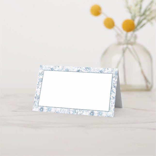 Tarjetas de lugar en blanco florales azul polvorie (Anverso)