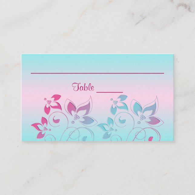 Tarjetas de lugar floral Aqua Floral Pink Hot, (Anverso)