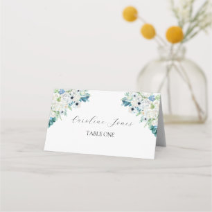 Tarjetas de lugar florales de acuarela azul