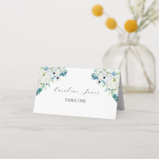 Tarjetas de lugar florales de acuarela azul