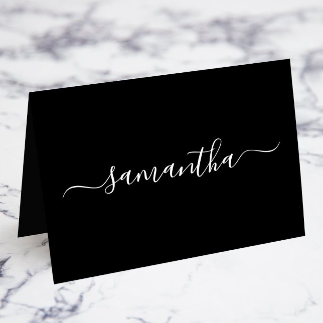 Tarjetas de lugar individuales con firma femenina  (Black and White Girly Signature Name Individual Fold Your Own Place Cards)