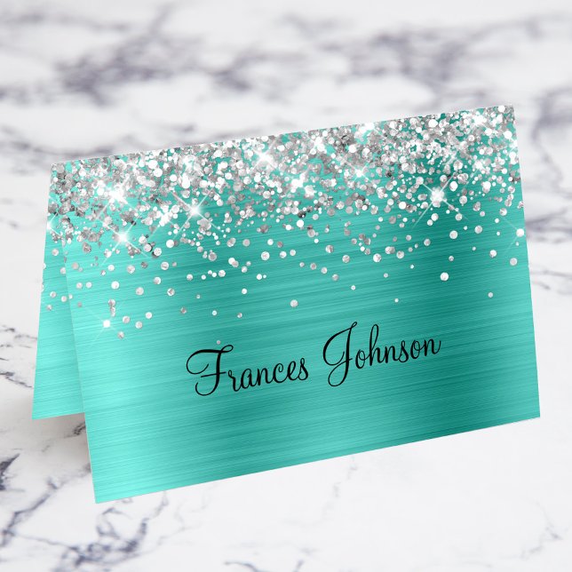 Tarjetas de lugar individuales turquesa con brillo (Silver Glitter Turquoise Individual Place Cards)