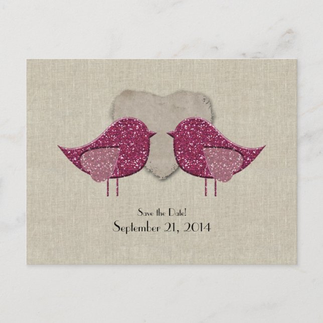 Tarjetas de Magenta Lovebirds Linen Look Save the  (Anverso)