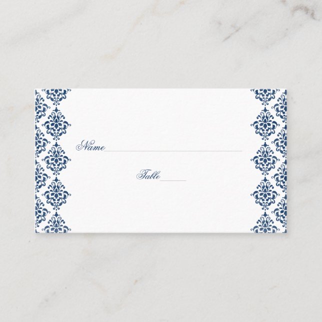 Tarjetas de matrimonio azul y blanco Damasco (Anverso)