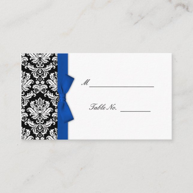 Tarjetas de matrimonio Damask Blue Bow (Anverso)